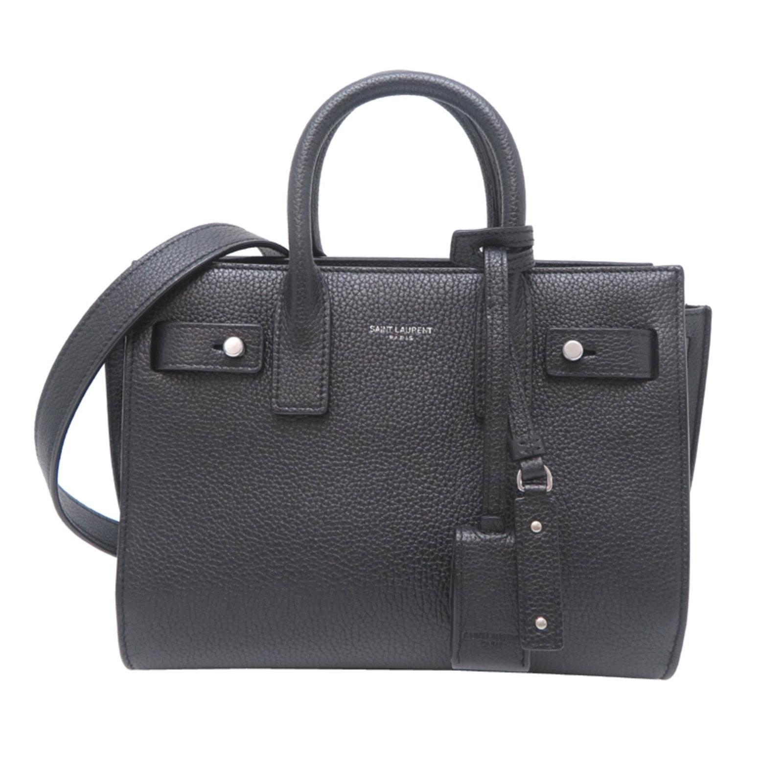 Handbag Saint Laurent Leather: Handbag Saint Laurent Leather Black Saint Laurent leather handbag with classic design, measuring 16.5cm x 21.5cm x 10cm, comes with original box, clochette, dust bag, key, padlock, and shoulder