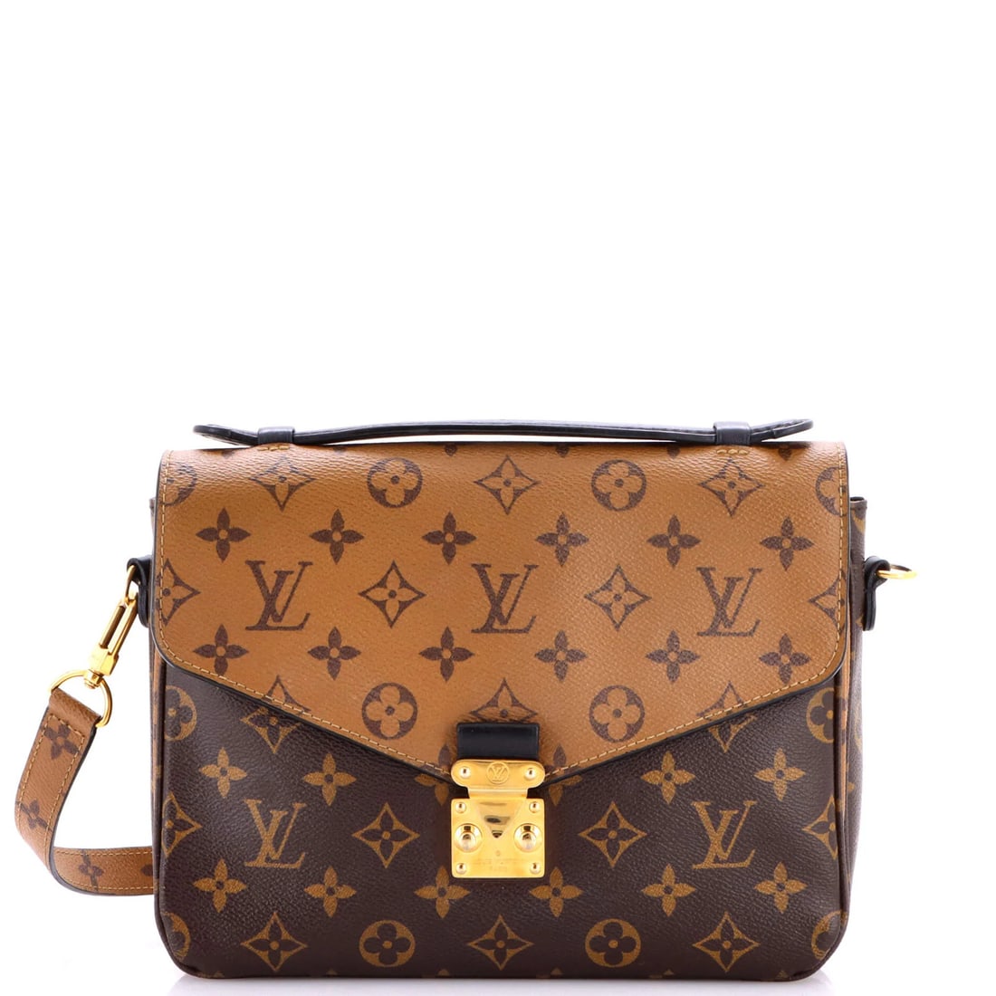 Monogram Reverse Canvas Pochette Louis Vuitton: Monogram Reverse Canvas Pochette Louis Vuitton Brown Monogram Reverse Canvas Pochette with Gold Hardware, featuring a cross body design and repainted wax edges, measures 8" tall, 9.5" wide, and 3"