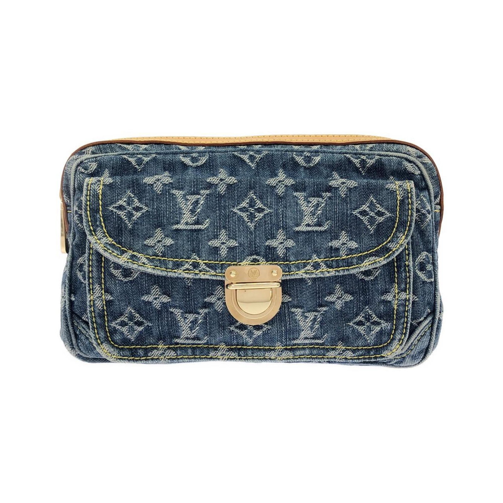 Vuitton Louis Denim Monogram Shoulder Bag: Vuitton Louis Denim Monogram Shoulder Bag The Louis Vuitton Monogram Denim Shoulder Bag boasts a striking blue monogram pattern, elegant gold hardware, and a sturdy 420g weight. Measuring 18cm x 27cm