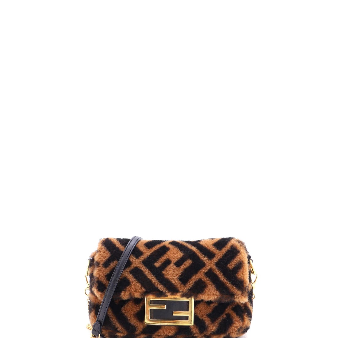 Baguette Shearling Mini Fendi Zucca Bag: Baguette Shearling Mini Fendi Zucca Bag Shearling trim adds a luxurious touch to this mini Fendi Zucca Bag, crafted from high-quality brown shearling exterior and featuring a classic cross-body design