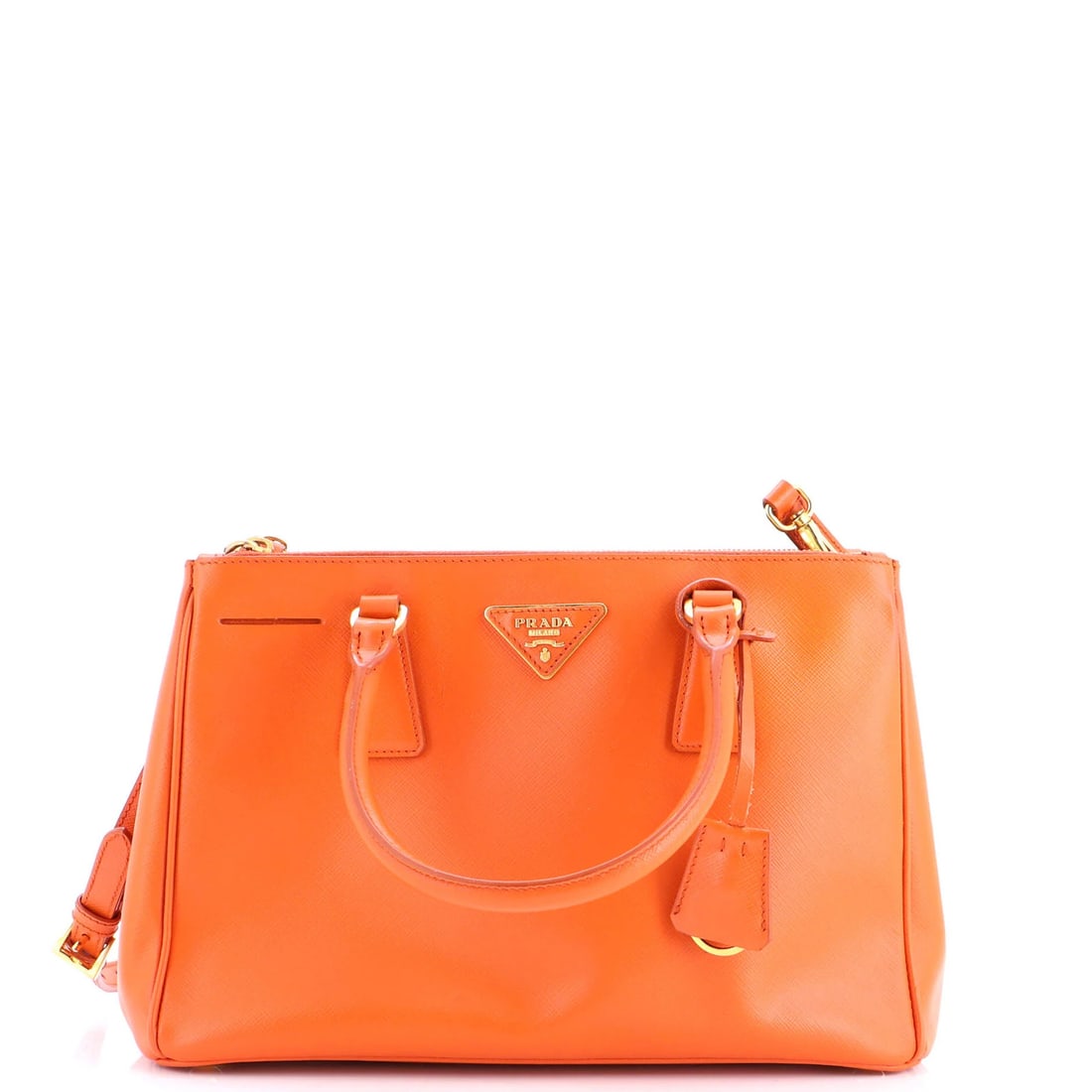Galleria Double Tote Leather Medium Saffiano Prada: Galleria Double Tote Leather Medium Saffiano Prada Orange Saffiano Leather Prada Galleria Double Tote Medium features a repainted exterior with heavy cracking on the clochette strap, scuffs, and disco