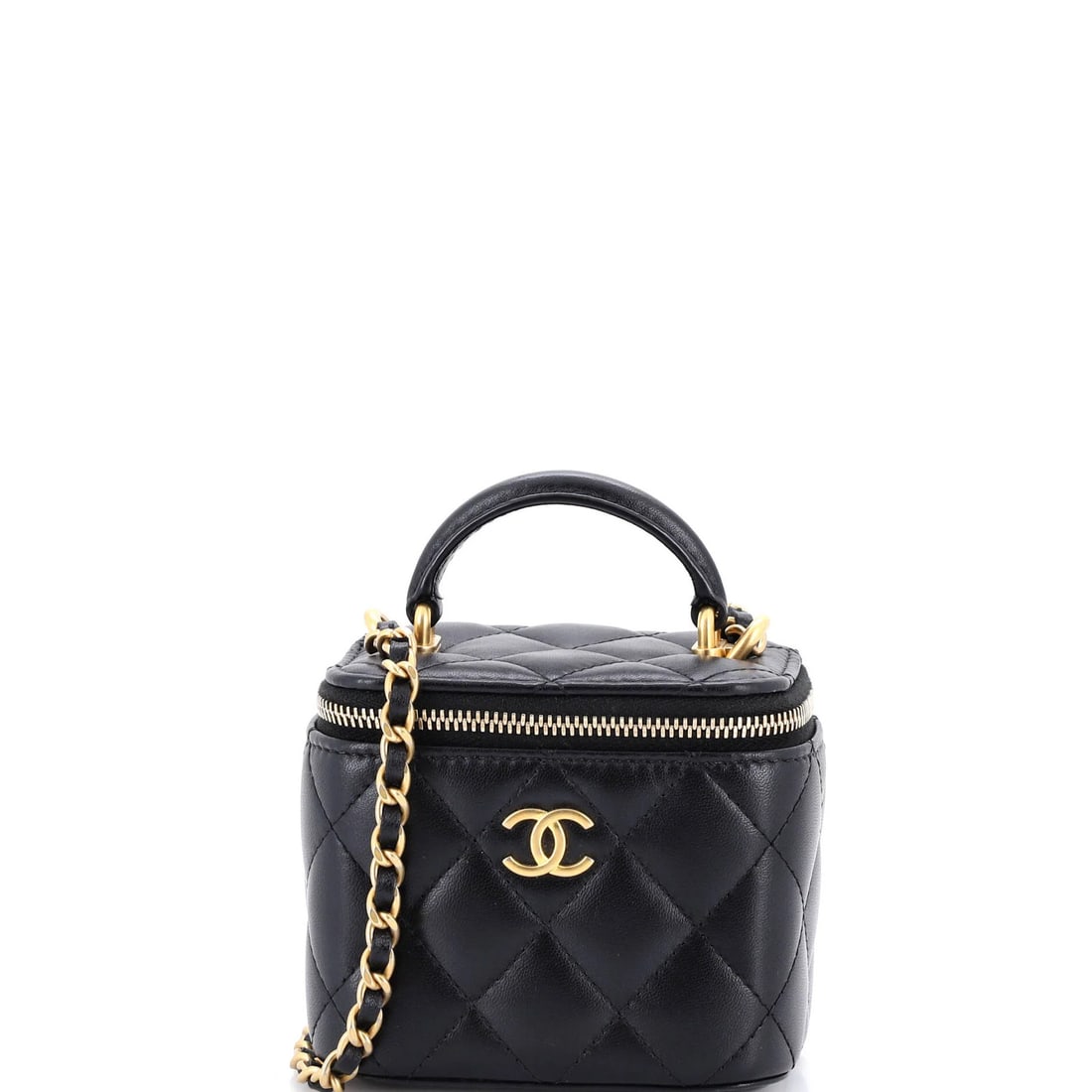 Chanel Classic Top Handle Vanity Case with Chain Quilted Lambskin Mini: Chanel Classic Top Handle Vanity Case with Chain Quilted Lambskin Mini Classic Elegance in Miniature: This sleek Chanel Classic Top Handle Vanity Case with Chain Quilted Lambskin Mini boasts a timeles