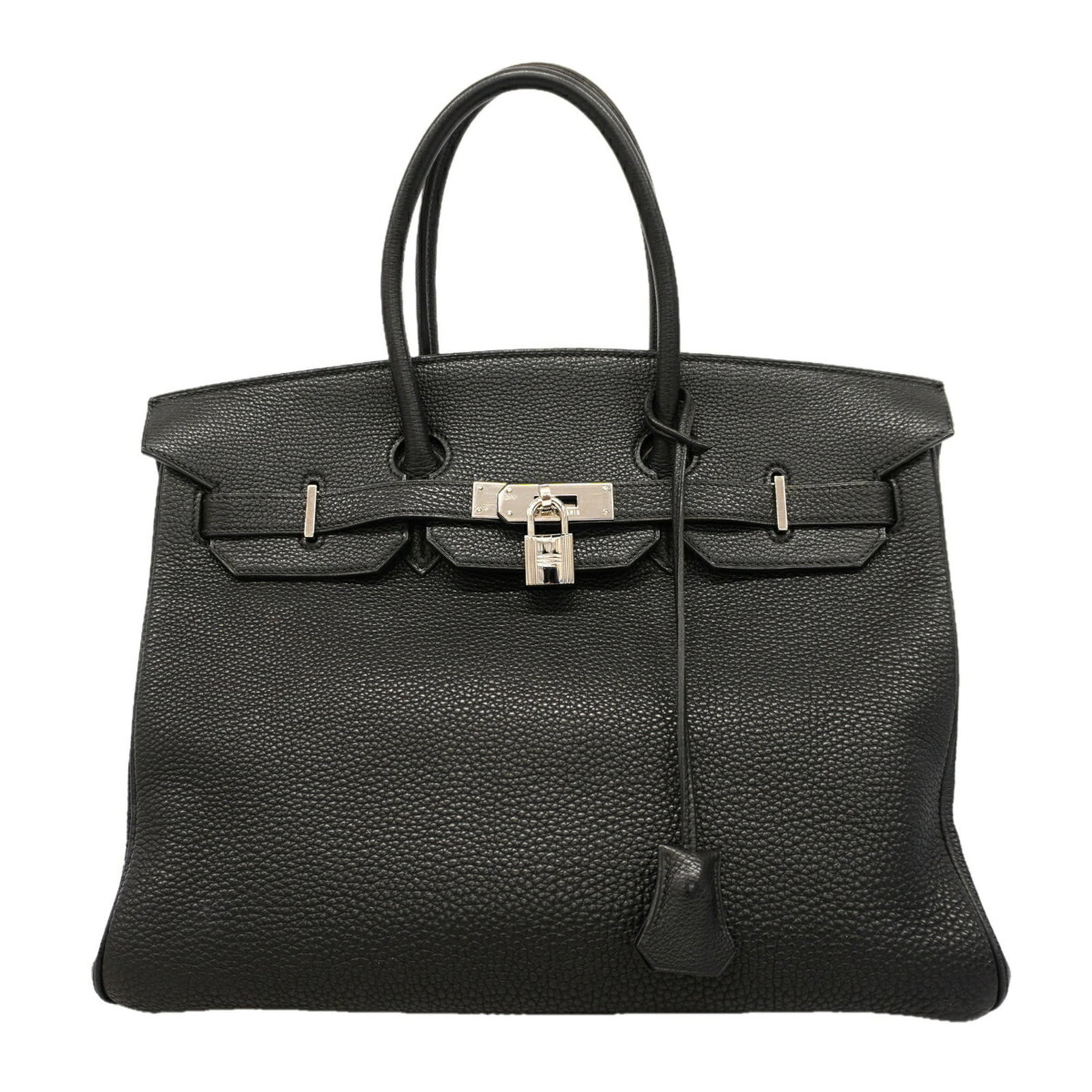 Hermes Handbag Togo Leather: Hermes Handbag Togo Leather Togo leather craftsmanship shines in this sleek black Hermes handbag, featuring silver hardware that adds a touch of sophistication. Measuring 28.5cm x 35cm x 19cm, this