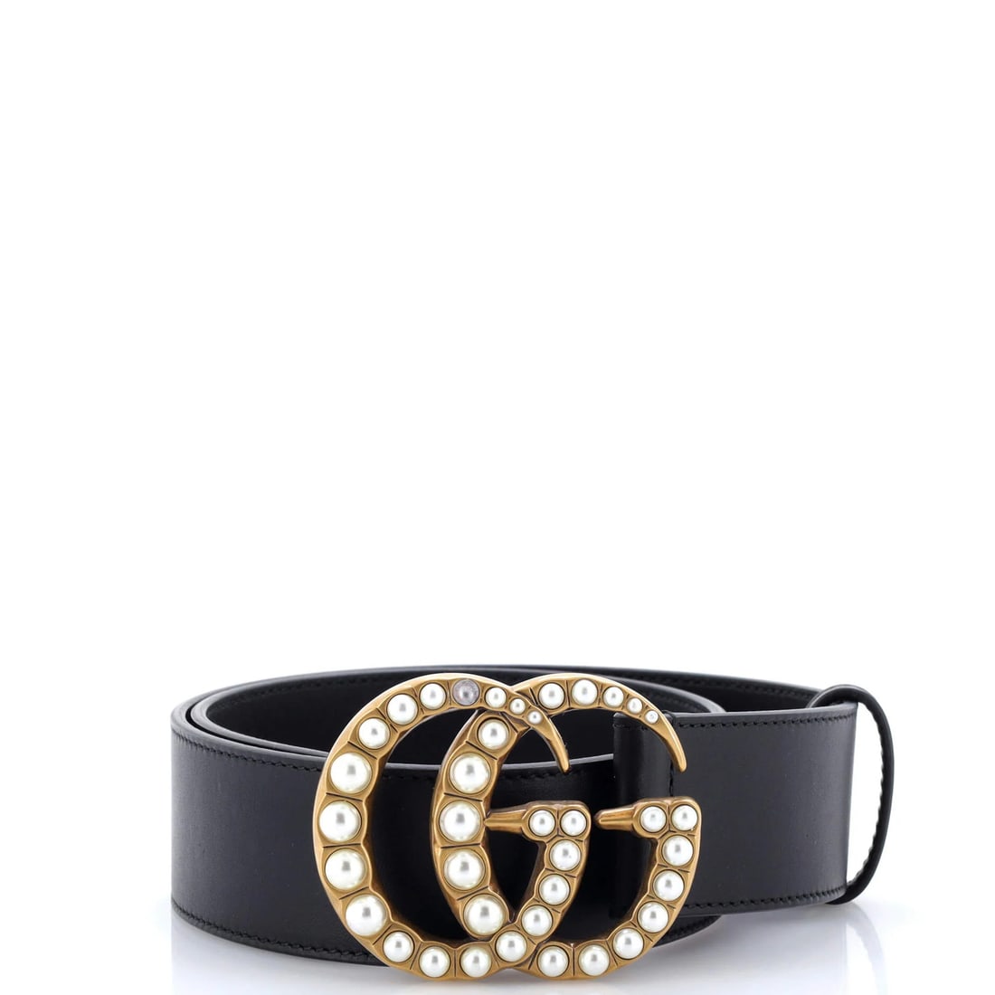 Pearly GG Marmont Leather Belt Gucci Wide: Pearly GG Marmont Leather Belt Gucci Wide The Gucci Pearly GG Marmont Leather Belt is a statement piece, boasting a sleek black exterior and interior, adorned with aged gold hardware. Measuring 24 inc