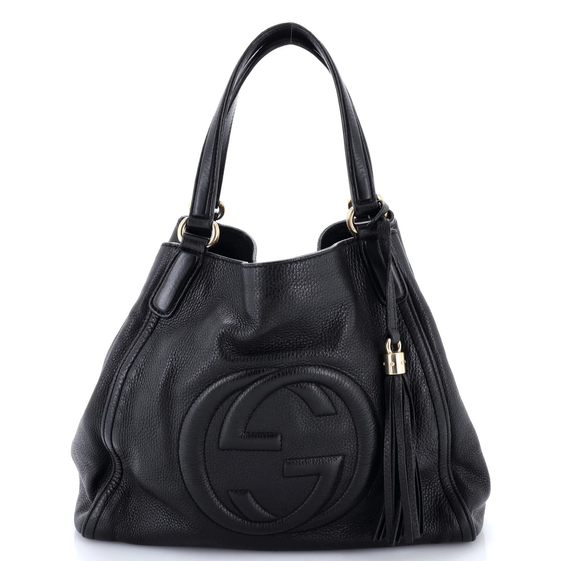Leather Medium Gucci Shoulder Bag Soho: Leather Medium Gucci Shoulder Bag Soho The Leather Medium Gucci Soho Shoulder Bag is a stylish and versatile accessory, featuring a sleek black exterior with gold hardware and a neutral interior. Meas