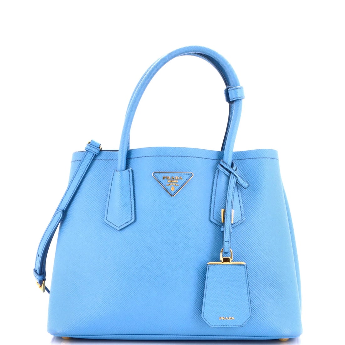 Saffiano Leather Cuir Double Tote Small: Saffiano Leather Cuir Double Tote Small Saffiano Leather Cuir Double Tote Small in Blue, featuring a classic design with a gold hardware accent. This stylish tote boasts a spacious interior with a bla
