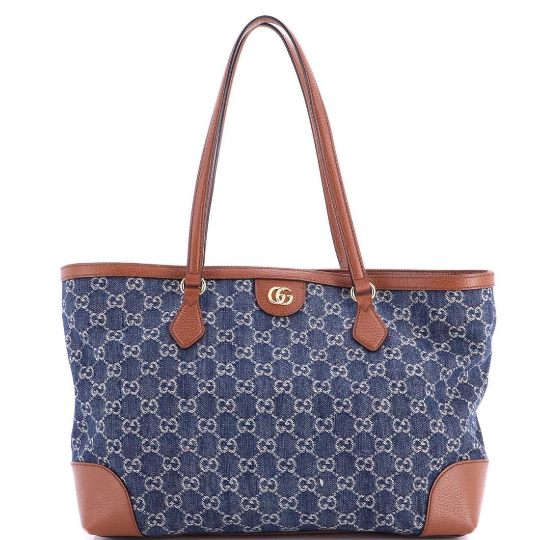 GG Denim Ophidia Shopping Tote Gucci Medium: GG Denim Ophidia Shopping Tote Gucci Medium Blue GG Denim Ophidia Shopping Tote from Gucci features a medium size with a 10" handle drop, 11" height, 14" width, and 5.5" depth. The exterior is made of