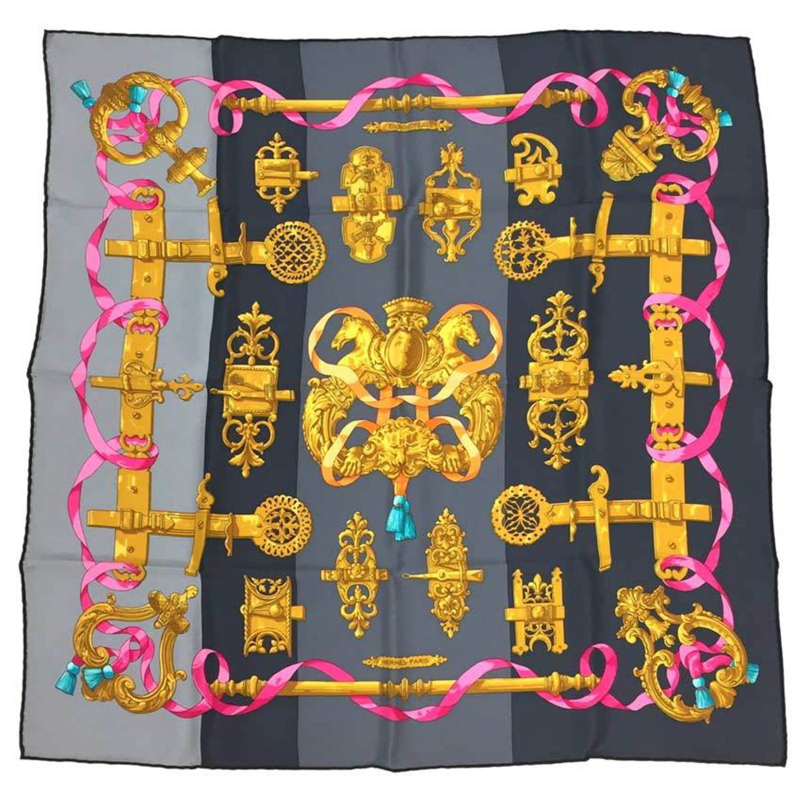 Silk Hermes Scarf: Silk Hermes Scarf Silk from France, this 66cm x 66cm gray scarf is made from high-quality silk material. Bearing a signature, the work is a notable piece from the renowned brand Hermes. Item