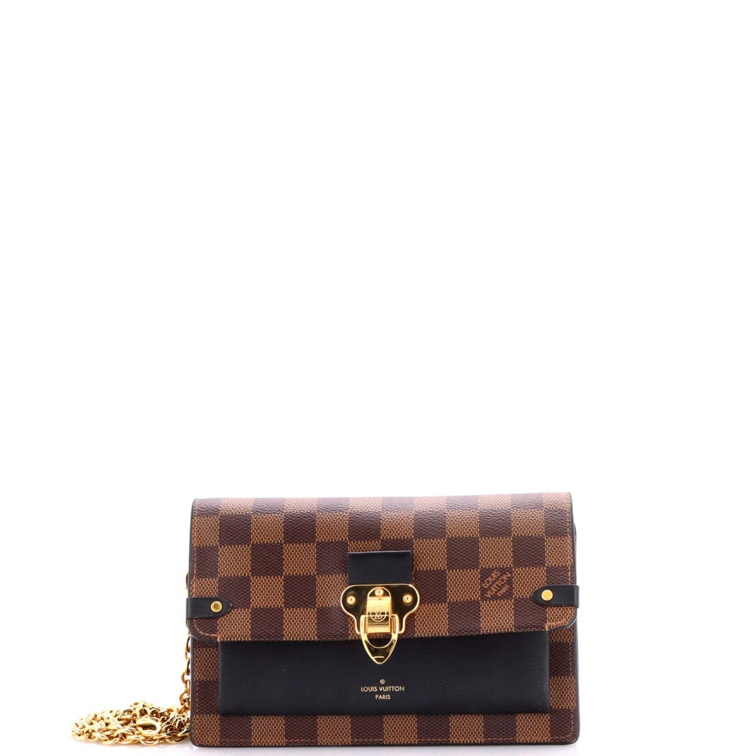 Damier Leather NM Chain Wallet Vavin with Louis Vuitton: Damier Leather NM Chain Wallet Vavin with Louis Vuitton Black Damier leather chain wallet with Louis Vuitton's Vavin design, featuring canvas-coated leather exterior and microfiber interior. This cros