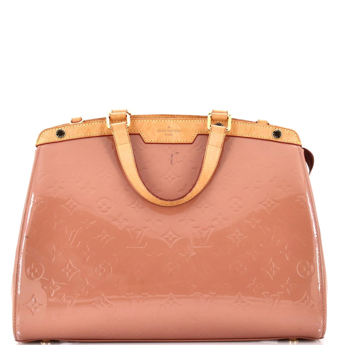 Monogram Vernis Brea Louis Vuitton Handbag: Monogram Vernis Brea Louis Vuitton Handbag Monogram Vernis Brea Louis Vuitton Handbag features patent leather exterior in neutral color, with scuffs, stains, and discoloration. The Brea handbag