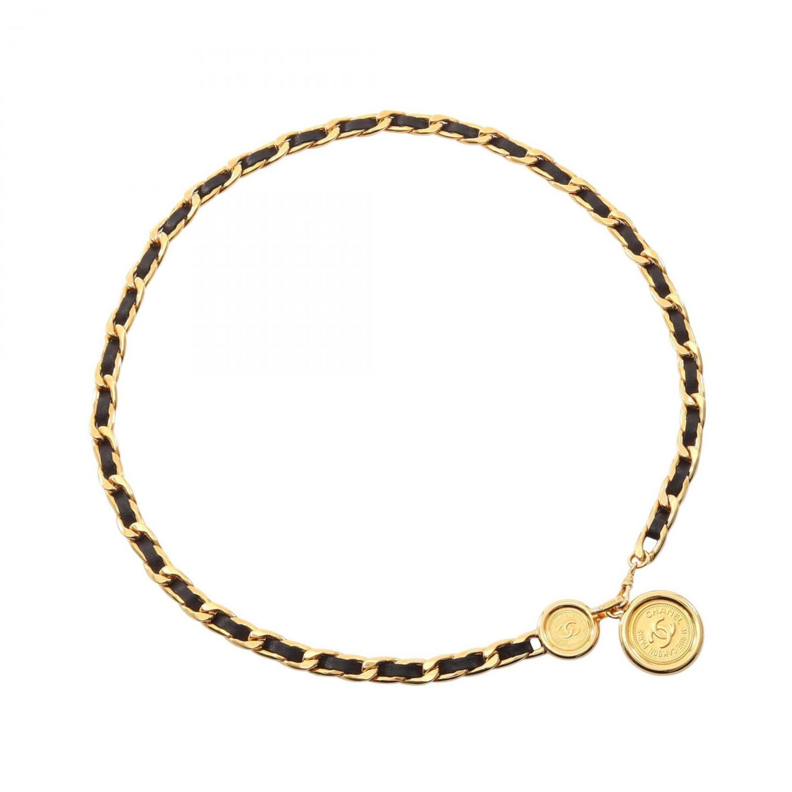 Chain Belt for Chanel: Chain Belt for Chanel Chain belt for Chanel, made from black leather with a gold accent, features a classic 83cm length. This chain belt is a timeless accessory for women. Item Specifics: Brand: