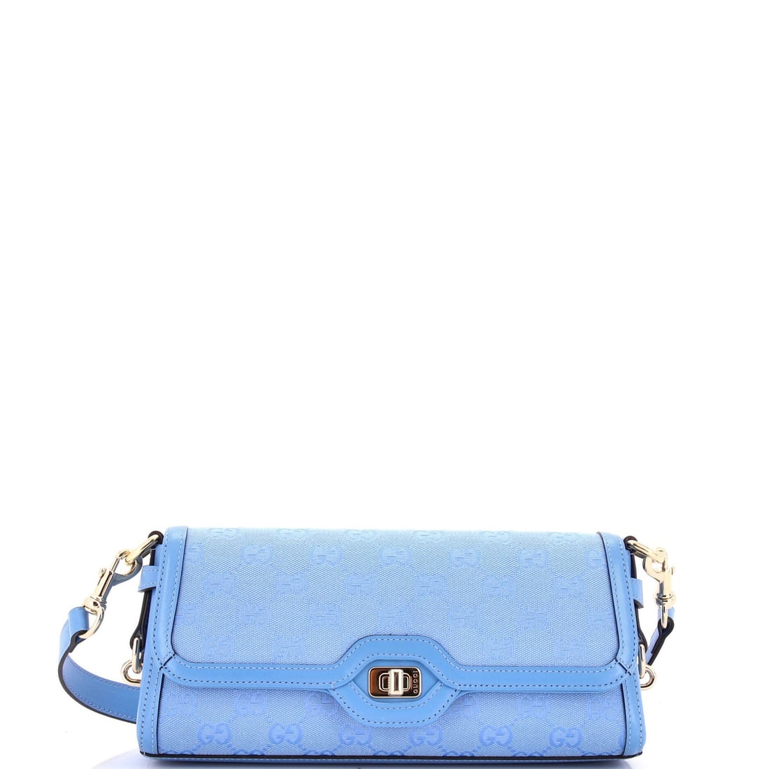 Gucci Small Canvas Luce Shoulder Bag: Gucci Small Canvas Luce Shoulder Bag The Gucci Small Canvas Luce Shoulder Bag boasts a stylish blue canvas exterior with silver hardware, adding a touch of sophistication to any outfit. Measuring 5"