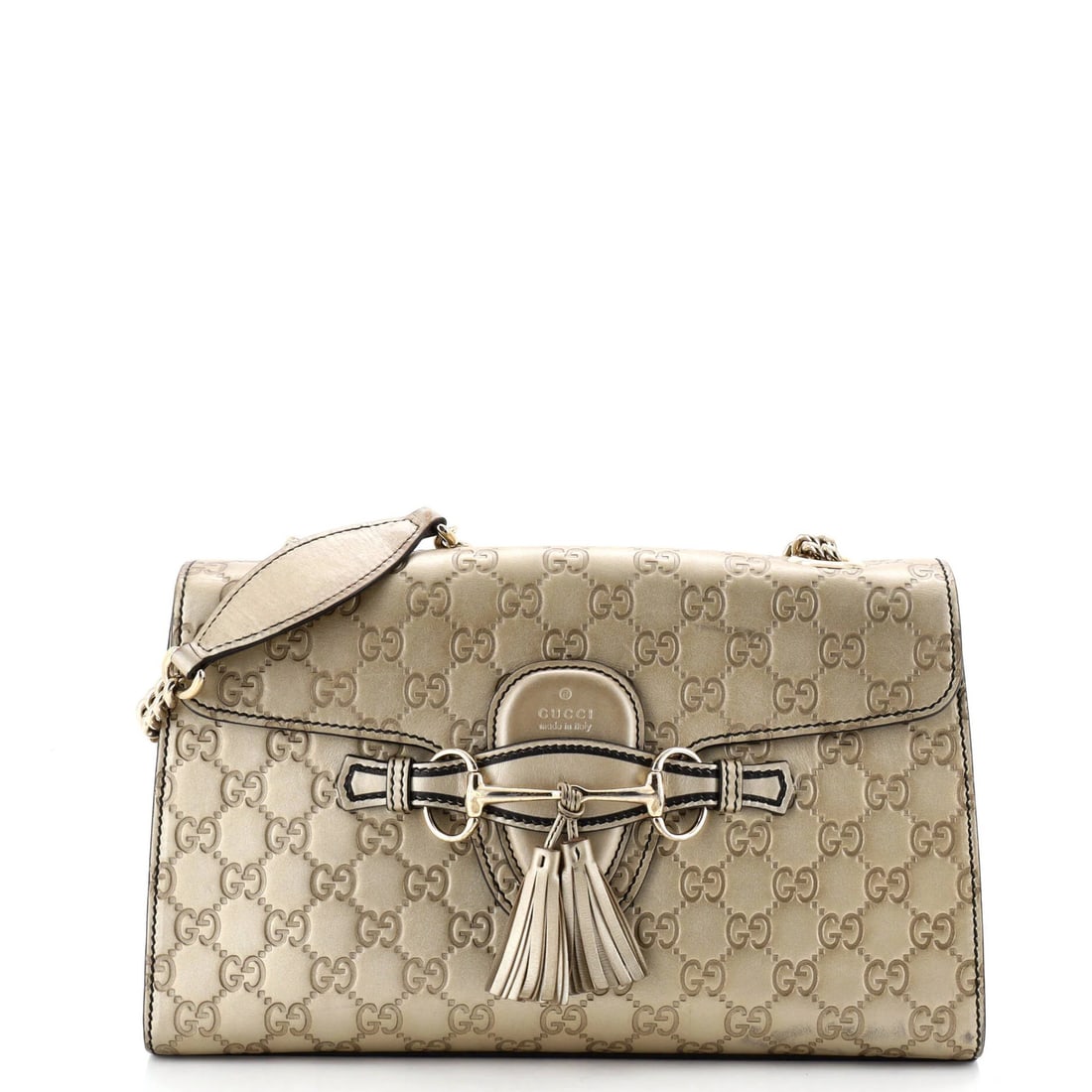 Gucci Guccissima Medium Leather Chain Flap Bag Emily: Gucci Guccissima Medium Leather Chain Flap Bag Emily The Guccissima Medium Leather Chain Flap Bag Emily boasts a striking gold exterior with heavy scuffs and stains, adding a touch of worn elegance. T