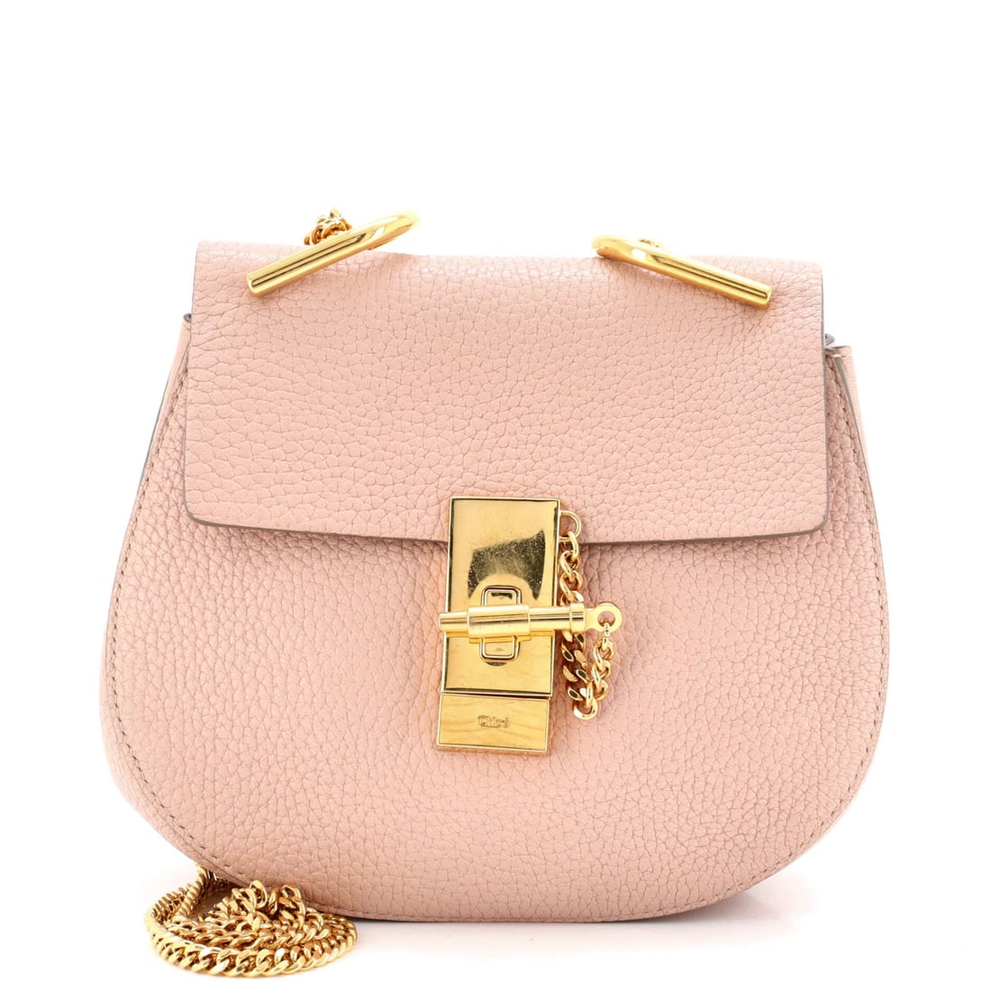 Drew Crossbody Bag Leather Chloe Mini: Drew Crossbody Bag Leather Chloe Mini Pink leather mini crossbody bag from Chloe with suede interior, 12" handle drop and 22" strap drop, featuring gold hardware and a neutral interior color. This Dre
