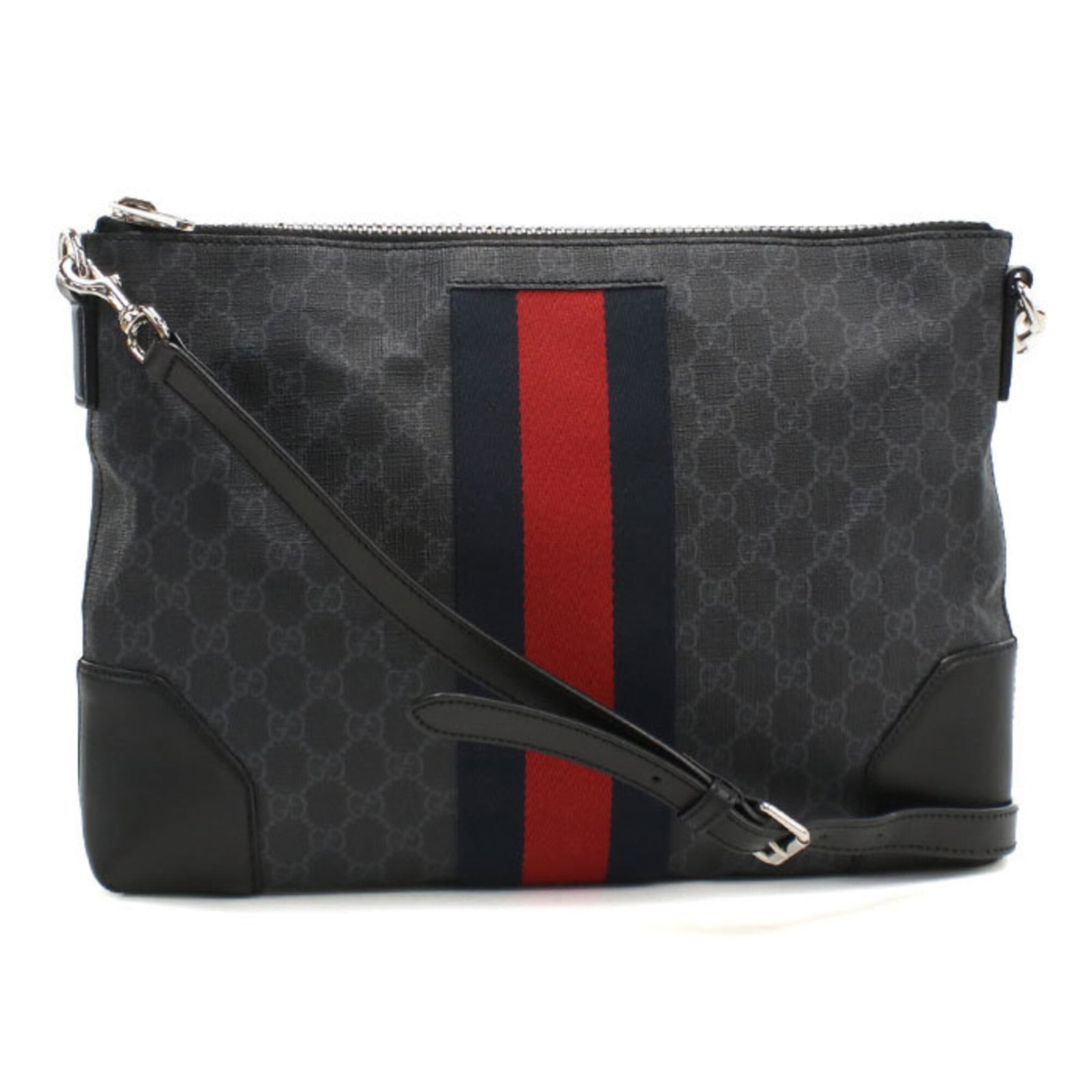 PVC Leather Gucci Bag Shoulder: PVC Leather Gucci Bag Shoulder This Gucci Country of Origin: Italy PVC Leather Shoulder bag features a striking black color with silver hardware, presenting a sleek and modern design. Made from a