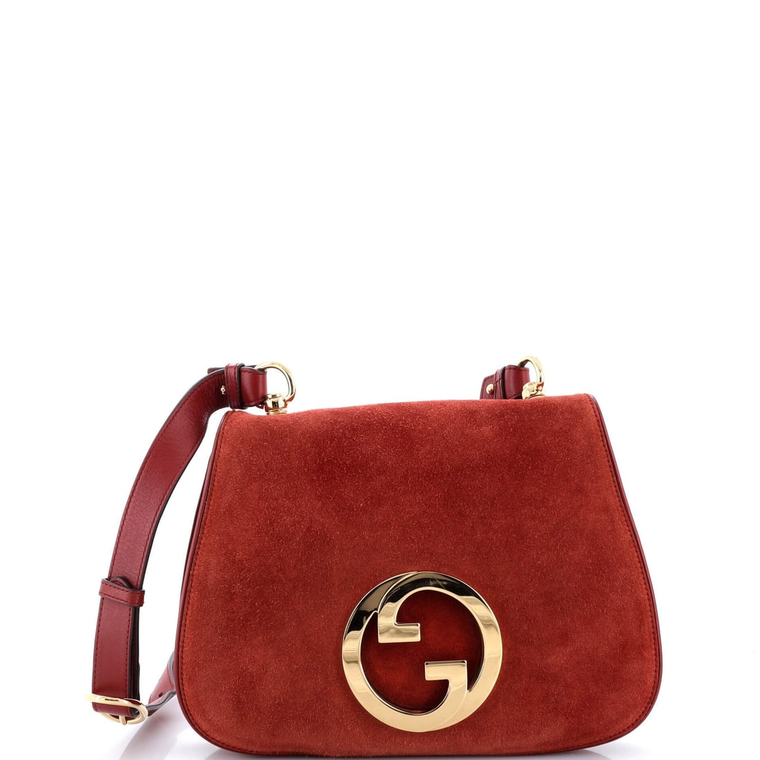 Blondie Suede Flap Gucci Medium Bag: Blondie Suede Flap Gucci Medium Bag Burgundy suede exterior and gold hardware add a touch of luxury to this medium-sized cross body bag. The bag features a signature NM Flap design and measures 9" in 