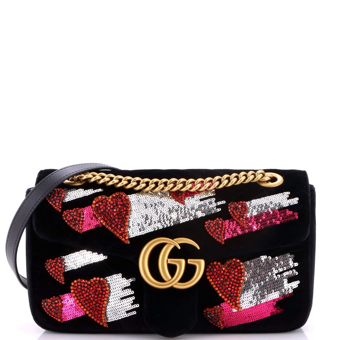 Gucci GG Marmont Flap Velvet Embellished Matelasse Small Bag: Gucci GG Marmont Flap Velvet Embellished Matelasse Small Bag Small Gucci GG Marmont Flap Velvet Embellished Matelasse Bag in Black. This velvet small bag features a cross body design with a gold embel