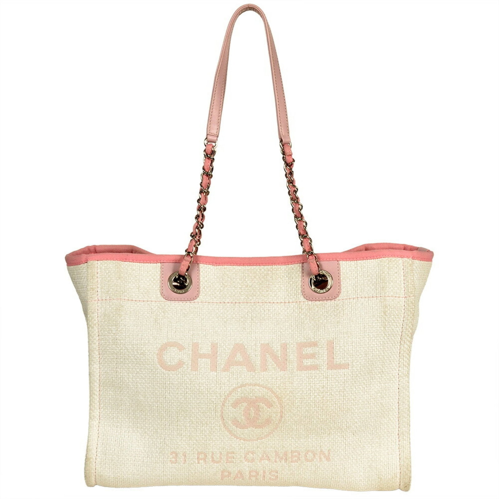 Straw Bag Tote Chanel: Straw Bag Tote Chanel Straw Bag Tote in Beige and Pink from Chanel. This classic tote bag features a natural straw material and measures 25cm x 34cm x 14.5cm. With its elegant design and subtle color