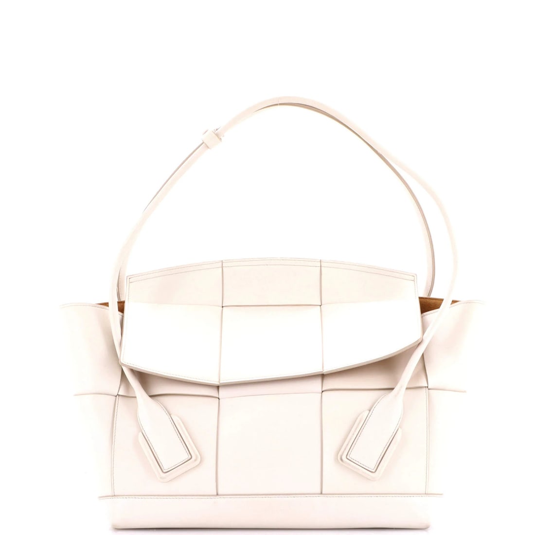 Maxi Intrecciato Leather Medium Arco Bag Bottega Veneta: Maxi Intrecciato Leather Medium Arco Bag Bottega Veneta Bottega Veneta's Maxi Intrecciato Leather Medium Arco Bag boasts a neutral exterior with scuffs, corner wear, and minor creases, adding a touch