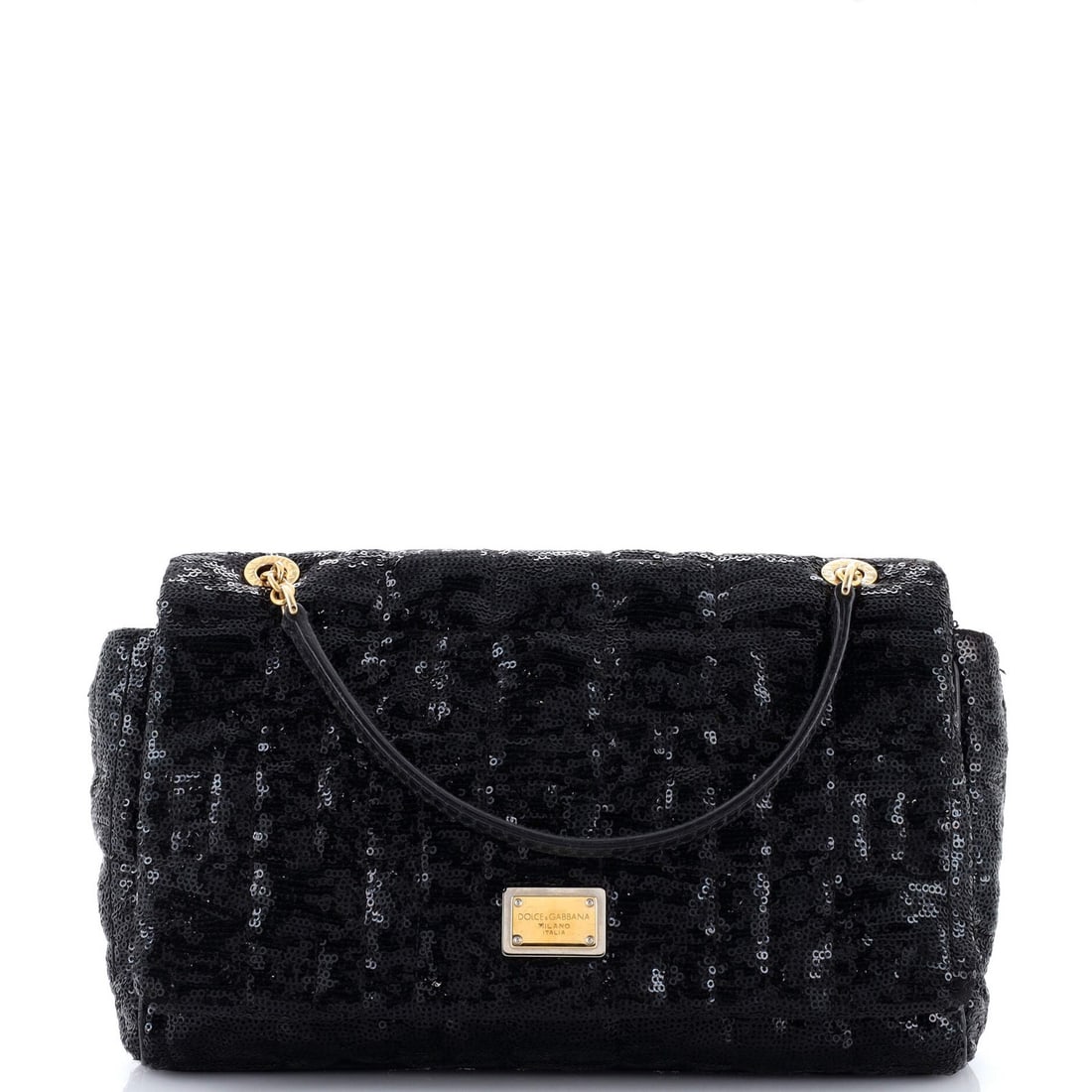 Quilted Sequins and Python Medium Dolce Flap Charles Gabbana Miss Bag: Quilted Sequins and Python Medium Dolce Flap Charles Gabbana Miss Bag Black Sequin and Python Medium Dolce & Gabbana Miss Bag with Quilted Design. This medium shoulder bag features a striking quilted