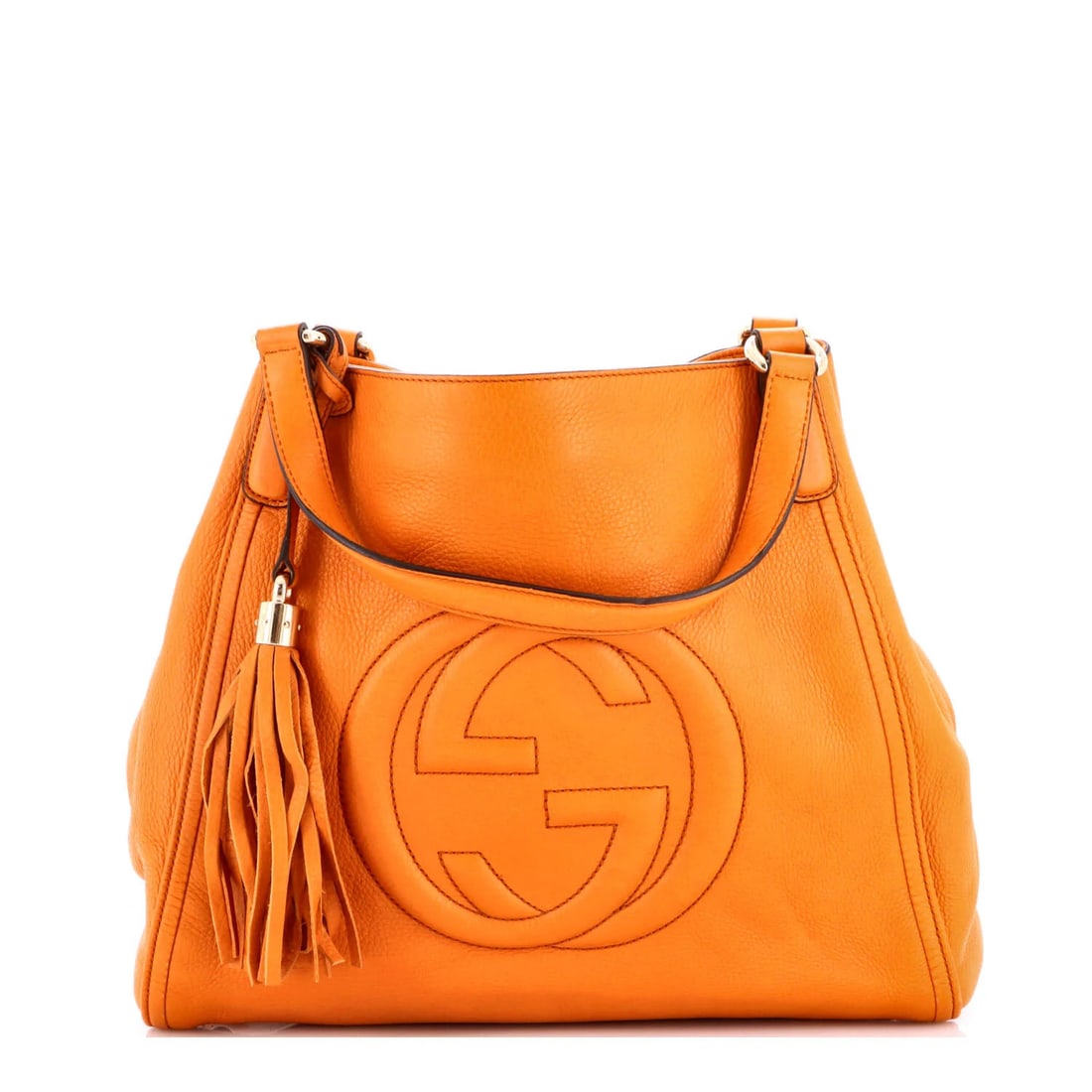 Leather Medium Gucci Shoulder Bag Soho: Leather Medium Gucci Shoulder Bag Soho The Gucci Soho Shoulder Bag boasts a vibrant orange exterior, crafted from high-quality leather with a rich, neutral interior. With its signature gold tone