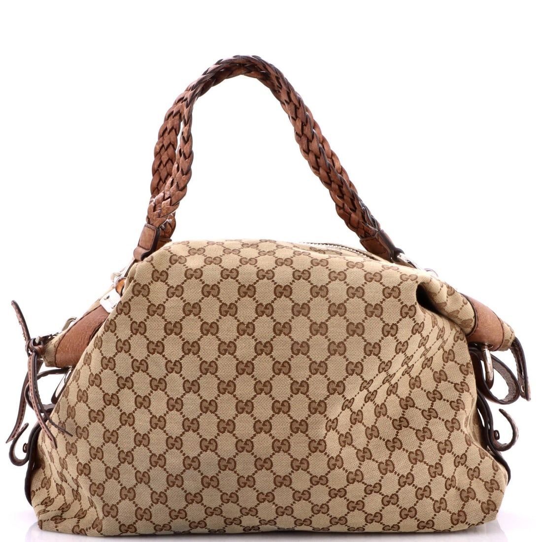Bamboo Bar Bag Canvas Large GG Gucci Shoulder: Bamboo Bar Bag Canvas Large GG Gucci Shoulder This Gucci Bamboo Bar Bag features a sturdy canvas exterior in a rich brown color, with a classic GG logo. Measuring 14" tall and 15.5" wide, it has a spa