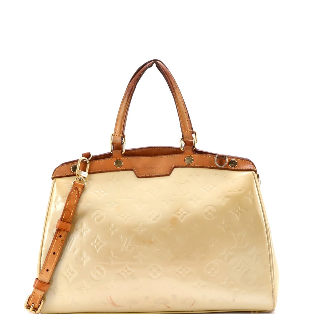 Louis Vuitton Monogram Brea Vernis Handbag MM: Louis Vuitton Monogram Brea Vernis Handbag MM Yellow Louis Vuitton Monogram Brea Vernis MM Handbag with Patent Leather Exterior, featuring a signature and a neutral interior, measures 9.5" tall, 13" w