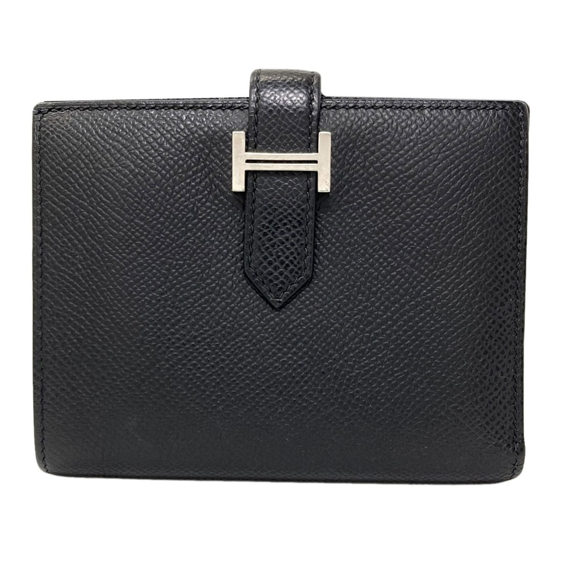 Hermes Bearn Compact Silverhardware Bifold Wallet With Coin Pocket Epsom: Hermes Bearn Compact Silverhardware Bifold Wallet With Coin Pocket Epsom Black Epsom leather bifold wallet with a coin pocket, featuring silver hardware, designed by Hermes. This compact wallet is a