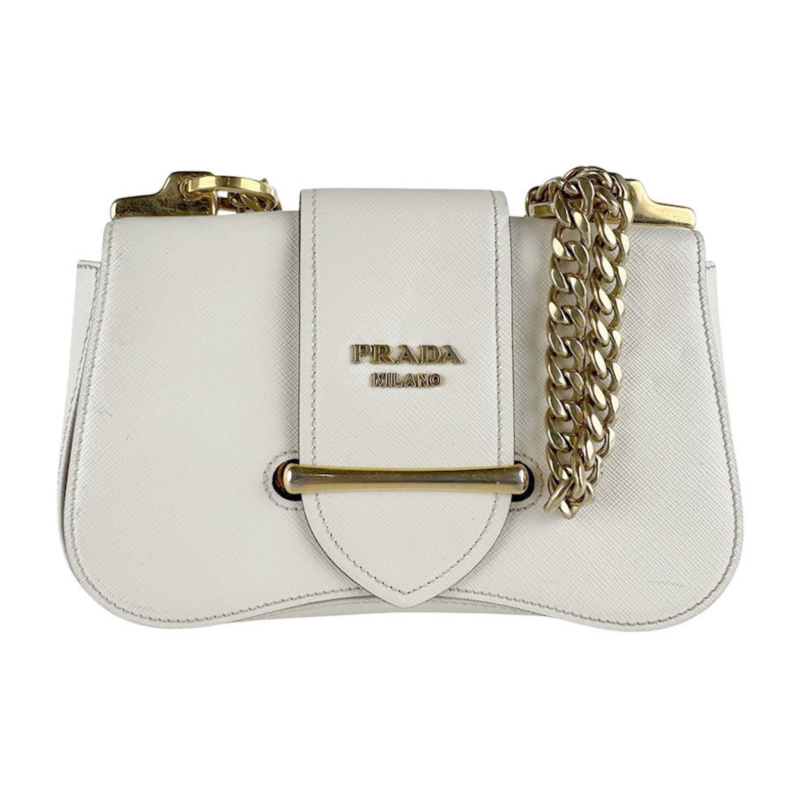 Shoulder Bag Leather Prada: Shoulder Bag Leather Prada White leather shoulder bag from Prada, measuring 13cm x 20cm x 5cm. Made from high-quality leather, this bag features a classic design with clean lines and a timeless look.