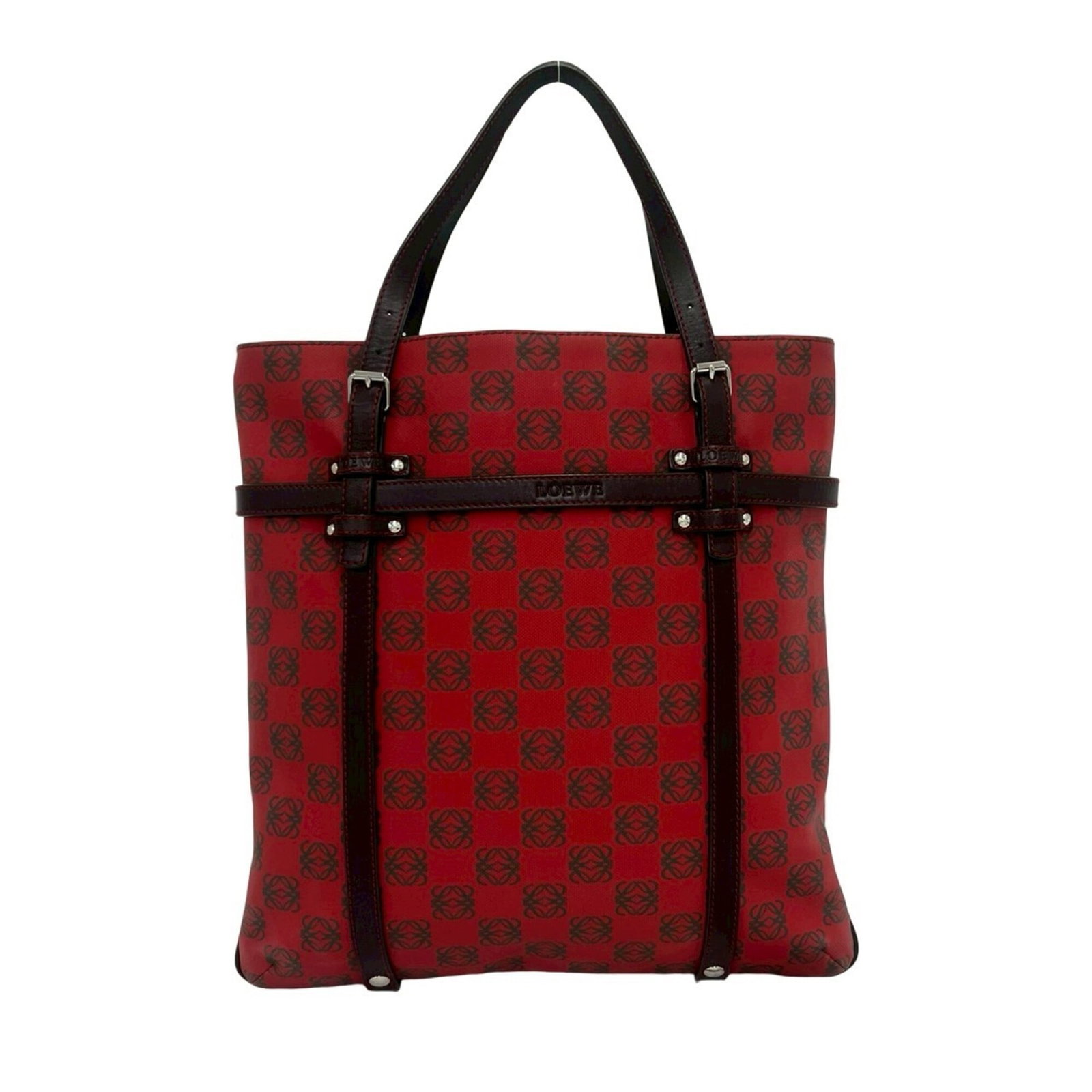 Pvc Leather Tote Handbag Loewe: Pvc Leather Tote Handbag Loewe PVC and leather combine in this unique Loewe tote bag, featuring a striking brown and red color combination. The bag measures 33.5cm x 31cm x 13.18'' x 12.2'' and is mad