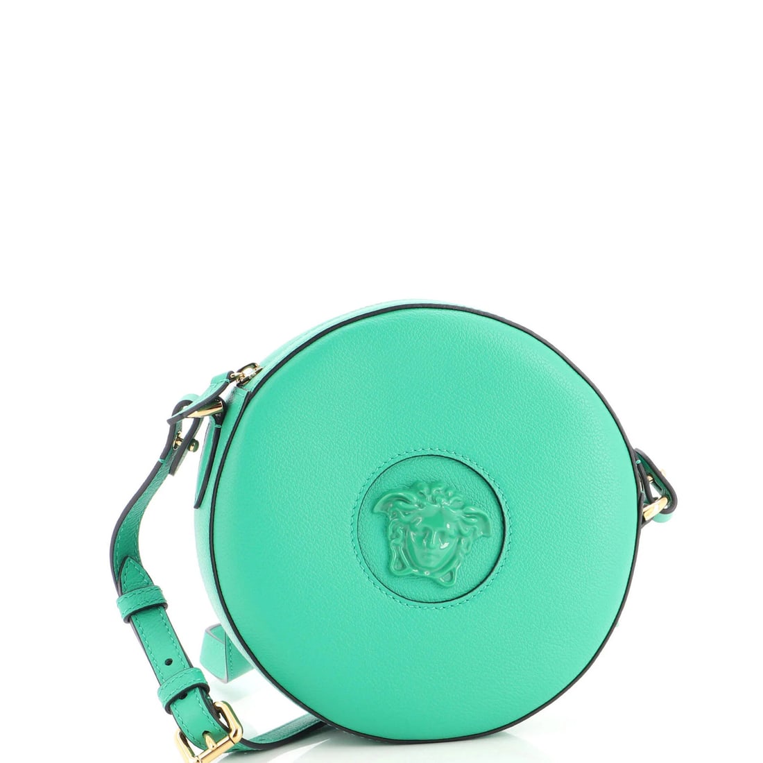 Medusa Round Leather Camera Bag Small Versace: Medusa Round Leather Camera Bag Small Versace Small Versace Leather Camera Bag in Green Features a Round Medusa Design, Made from High-Quality Leather and Available in a Small Size. The Bag's