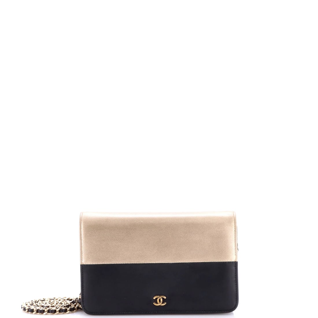 Chanel Bicolor Wallet on Chain Leather: Chanel Bicolor Wallet on Chain Leather Black and gold accents add a touch of sophistication to this Bicolor Wallet on Chain Leather, a stylish cross body bag from Chanel. The exterior features scuffs