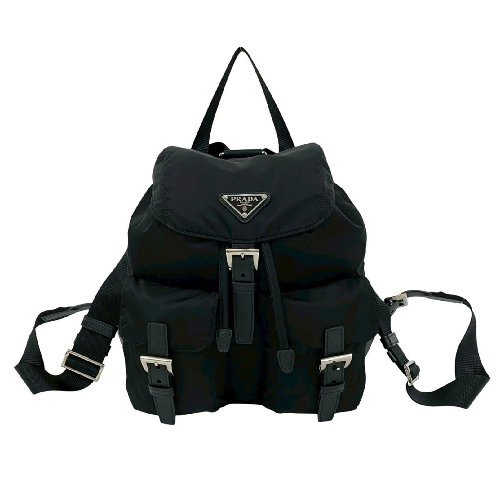 Backpack Nylon Leather Prada: Backpack Nylon Leather Prada Nylon and leather combine in a sleek black design, defining the Prada backpack's modern aesthetic. Measuring 24cm x 23.5cm x 12cm, this compact backpack is a versatile acc