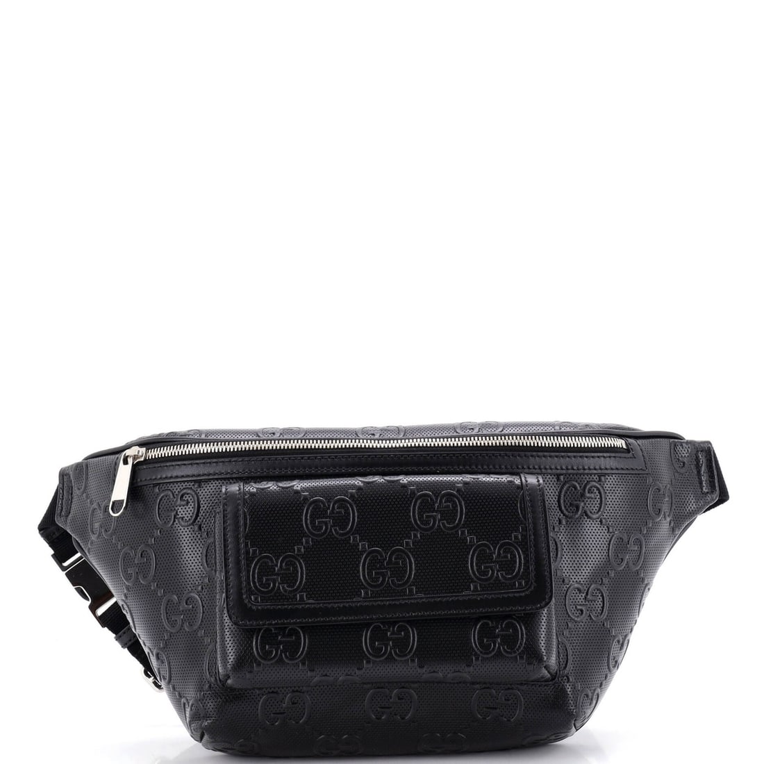 Front Pocket Bag Leather GG Gucci Embossed Perforated: Front Pocket Bag Leather GG Gucci Embossed Perforated Black GG Gucci Embossed Perforated Leather Front Pocket Belt Bag with scuffs, edge wear, and minor discoloration on exterior, and scuffs on handle