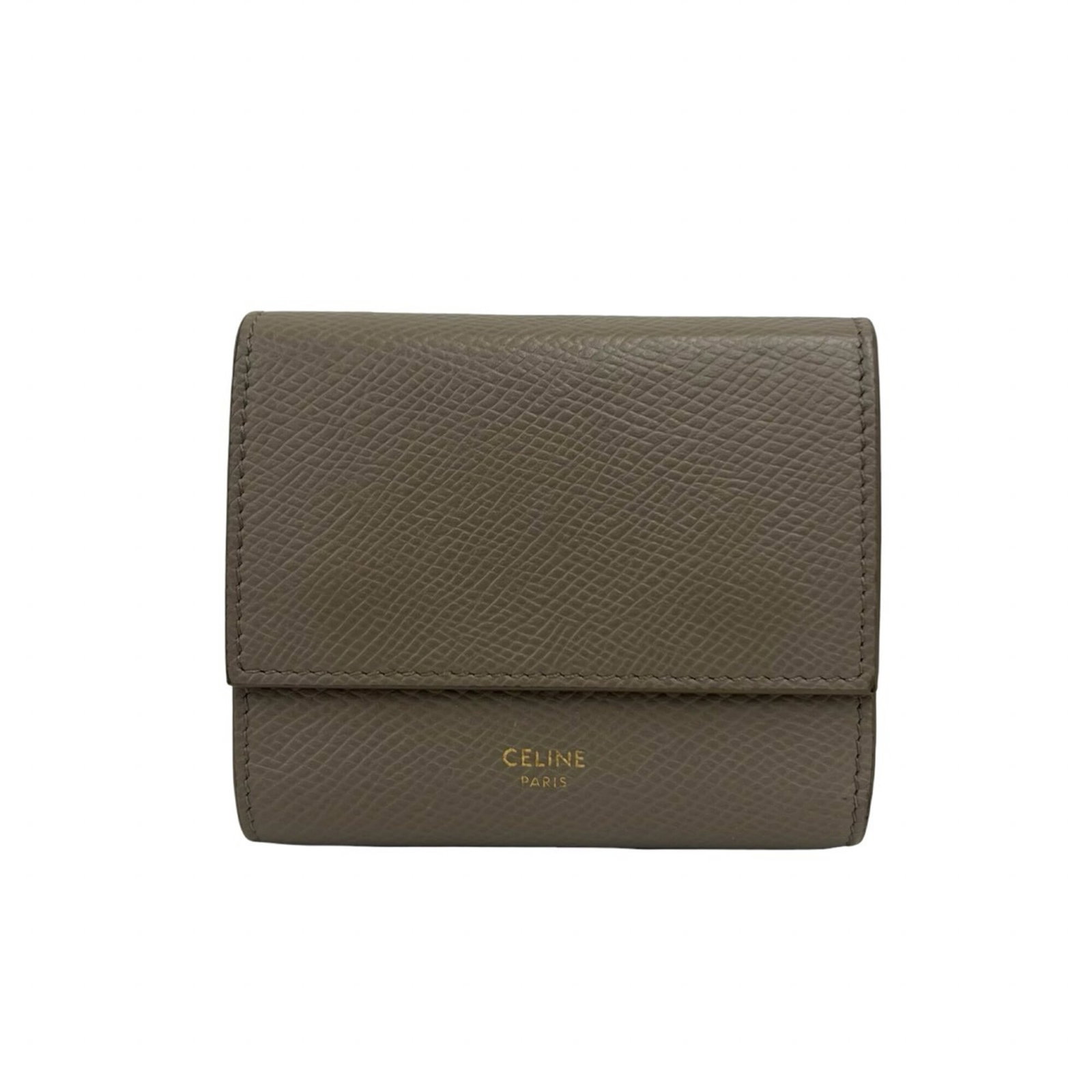 Celine Leather Wallet Fold: Celine Leather Wallet Fold Tri-fold Celine Leather Wallet with clean lines and a sophisticated gray color. Made from high-quality leather, this wallet measures 9cm x 10.5cm x 3cm and features a
