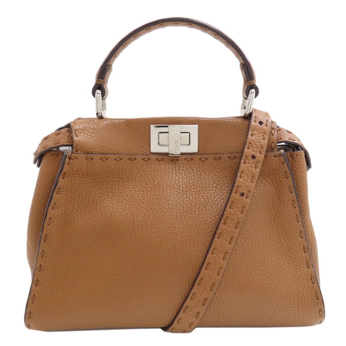 Selleria Peekaboo Fendi Calf Mini Handbag 2Way: Selleria Peekaboo Fendi Calf Mini Handbag 2Way Selleria Peekaboo Fendi Calf Mini Handbag 2Way. This brown calf leather handbag features a 7.1 inch height and 4.1 inch depth, with a turn lock closure a