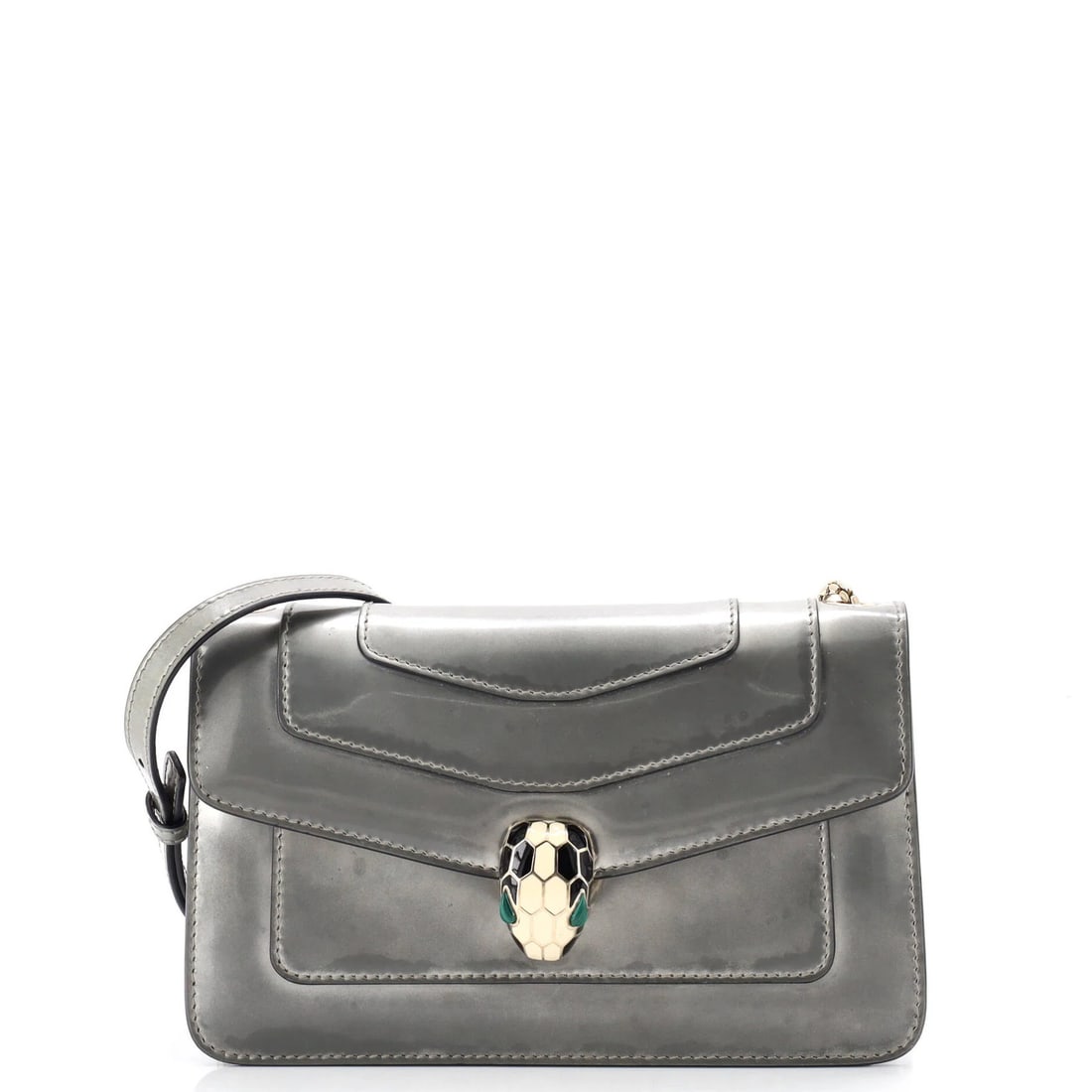 Bvlgari Serpenti Forever Small Leather Bag Metallic Shoulder: Bvlgari Serpenti Forever Small Leather Bag Metallic Shoulder The Bvlgari Serpenti Forever Small Leather Bag Metallic Shoulder boasts a striking metallic exterior in a sleek gray hue, complemented by a