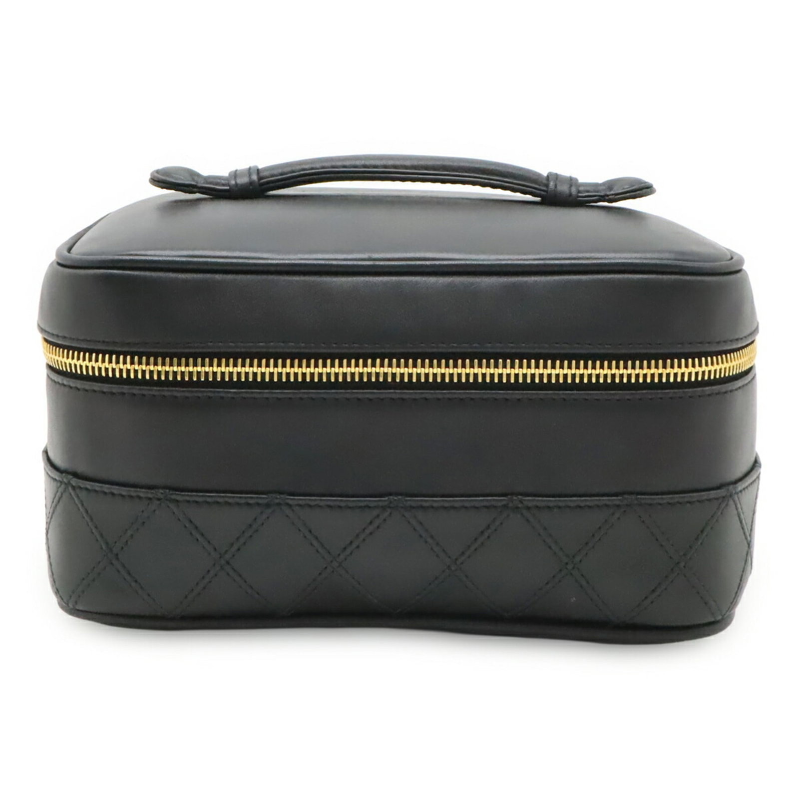 Chanel Handbag Leather Pouch Vanity: Chanel Handbag Leather Pouch Vanity Black leather Chanel Country of Origin: Italy Handbag, Pouch, Vanity bag with a signature. Measuring 10.5cm x 19cm x 13.5cm, this compact leather pouch is a
