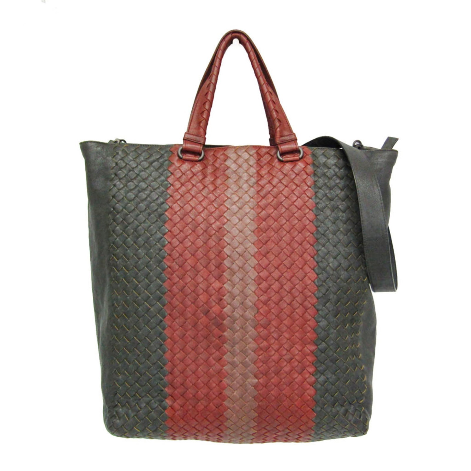 Bottega Veneta Handbag Tote Bag Leather: Bottega Veneta Handbag Tote Bag Leather Bottega Veneta's Intrecciato leather tote bag boasts a timeless design with a dark gray and red brown color combination. The bag features a zipper closure, a