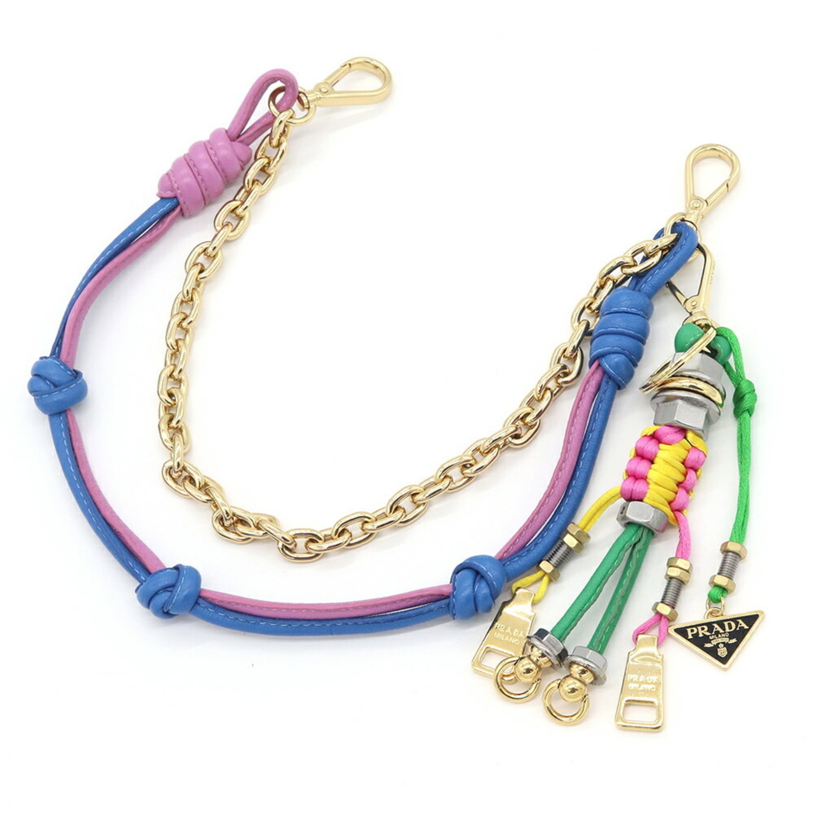 Prada metal leather keyring: Prada metal leather keyring Prada metal leather keyring in green, combining sleek metal accents with supple leather. The keyring's green color stands out, adding a pop of color to any bag or purse. Ma
