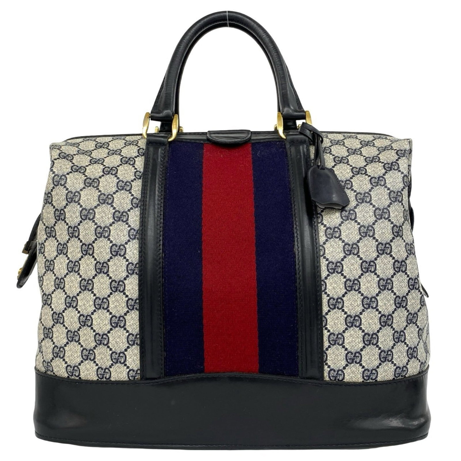 Gucci Boston Bag Handbag Leather Pvc: Gucci Boston Bag Handbag Leather Pvc Navy and red color combination adds a pop of contrast to this Gucci Boston bag, a classic style featuring a sleek design and durable leather and PVC material