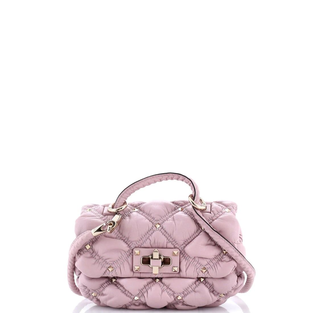 Garavani Valentino SpikeMe Quilted Leather Small Bag Flap: Garavani Valentino SpikeMe Quilted Leather Small Bag Flap Pink quilted leather SpikeMe flap bag with gold hardware, featuring a small size and cross body design. The exterior shows minor scuffs and