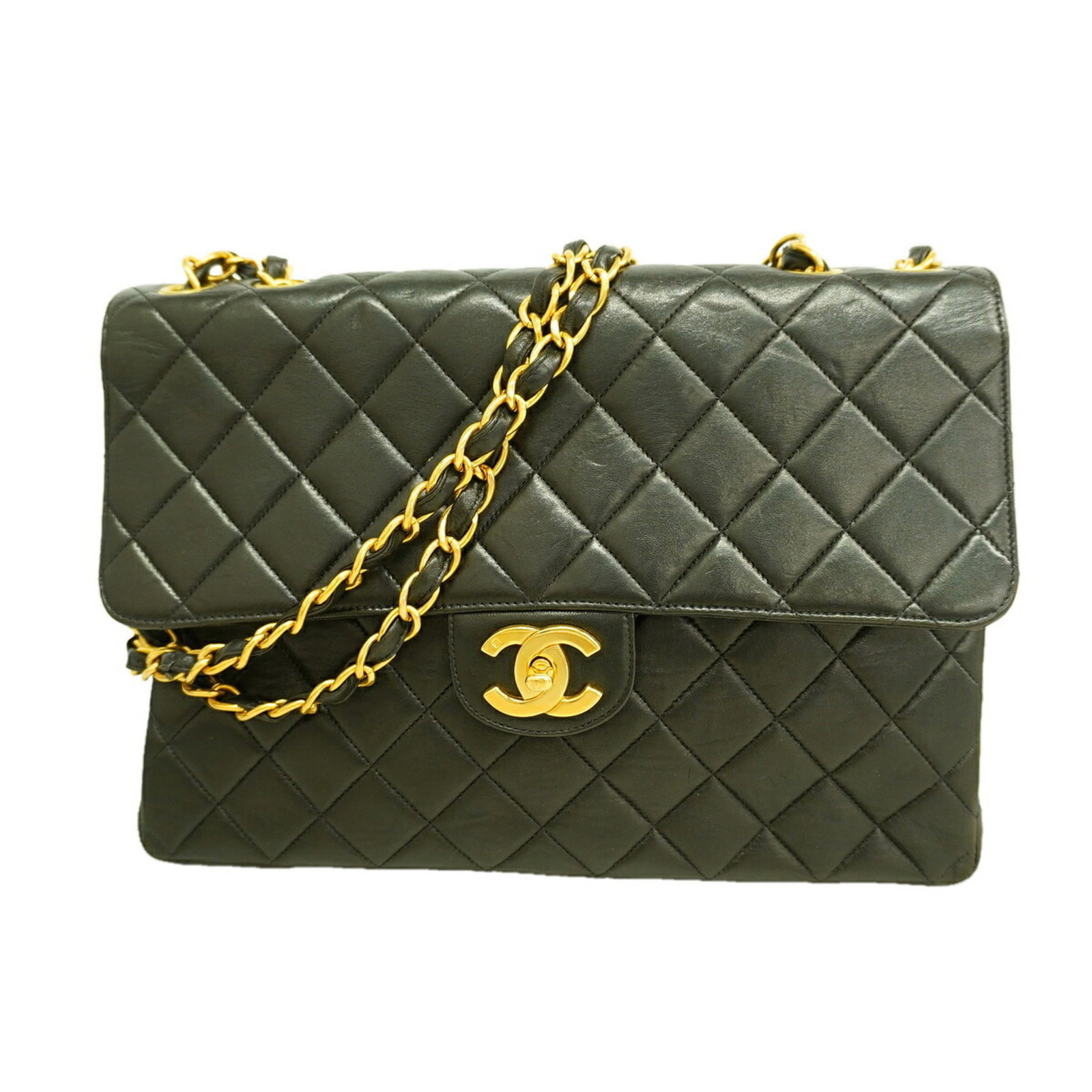 Shoulder Bag Leather Chanel: Shoulder Bag Leather Chanel This black shoulder bag is crafted from luxurious lambskin leather, featuring gold-tone hardware. Measuring 22cm x 29.5cm x 9cm, it offers a spacious interior and sleek