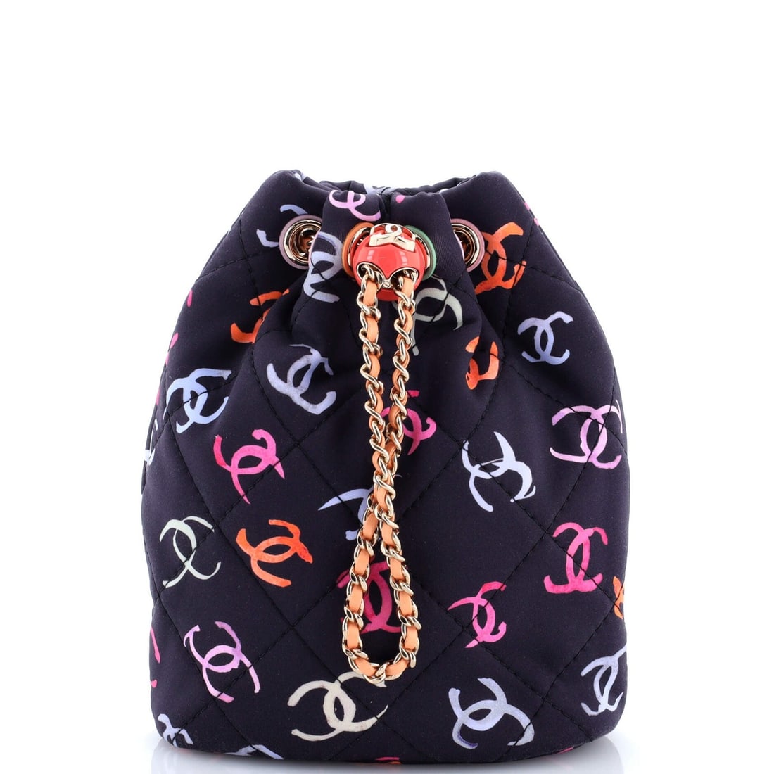 CC Quilted Fabric CC Printed Small Chanel Small Logo Quilted Drawstring Bucket Backpack: CC Quilted Fabric CC Printed Small Chanel Small Logo Quilted Drawstring Bucket Backpack Blue, multicolor quilted CC printed fabric with gold tone hardware, this small Chanel logo drawstring bucket bac