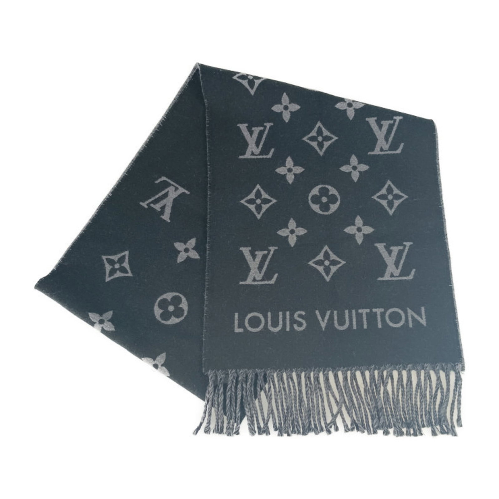 Stole Louis Vuitton Wool 100%: Stole Louis Vuitton Wool 100% Stole made from 100% wool, this Louis Vuitton All About Monogram scarf boasts a classic design with a timeless black and gray color palette. The Monogram pattern is a sig