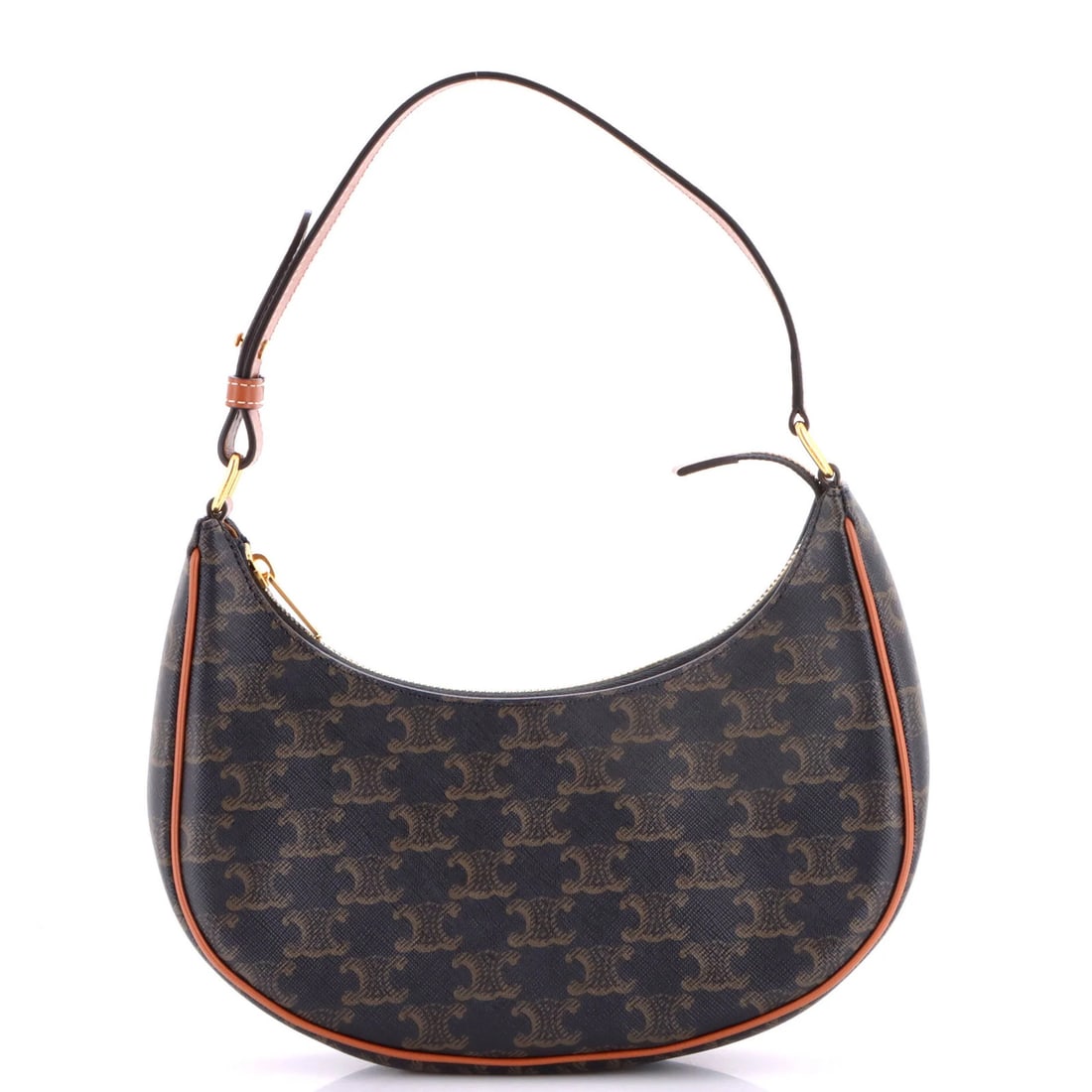 Celine Ava Bag Triomphe Coated Canvas: Celine Ava Bag Triomphe Coated Canvas The Celine Ava Bag Triomphe Coated Canvas boasts a rich, brown exterior crafted from canvas coated materials, with a sturdy gold-tone hardware accent. Measuring