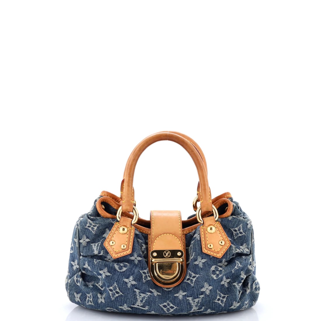 Louis Vuitton Small Denim Handbag Pleaty: Louis Vuitton Small Denim Handbag Pleaty Small Pleaty Louis Vuitton Denim Handbag with a unique blue exterior and contrasting orange and yellow interior. This small satchel features a classic pleaty