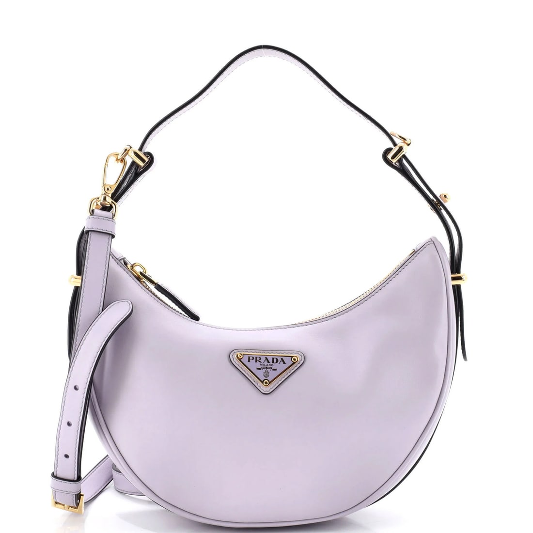 Half Moon Hobo Leather Small Prada Arque: Half Moon Hobo Leather Small Prada Arque The Prada Arque Half Moon Hobo Leather Small is a stylish and functional small bag, measuring 7" in height, 8" in width, and 2.5" in depth. Made from high-qual