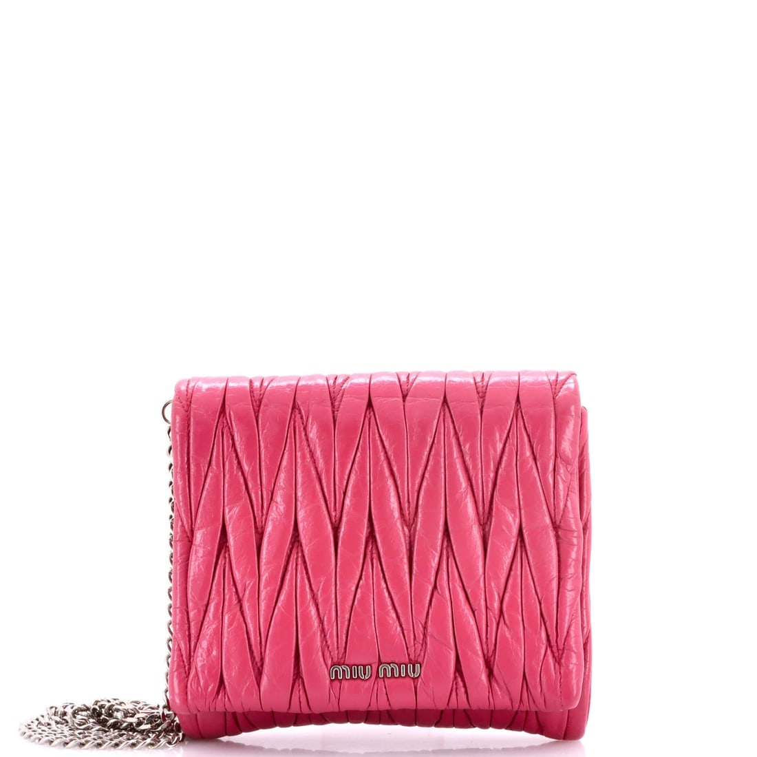 Matelasse Small Leather Crossbody Miu Flap Bag: Matelasse Small Leather Crossbody Miu Flap Bag The Miu Miu Matelasse Small Leather Crossbody Miu Flap Bag is a stylish and compact accessory, featuring a soft pink exterior with a subtle sheen. This