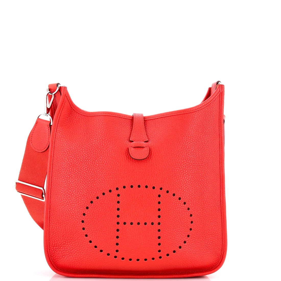 Evelyne Bag Gen III Clemence Hermes PM: Evelyne Bag Gen III Clemence Hermes PM The Evelyne Bag Gen III Clemence PM is a stylish and vibrant red cross body bag from Hermes. Featuring a combination of scuffed, creased, and edge-worn exterior 